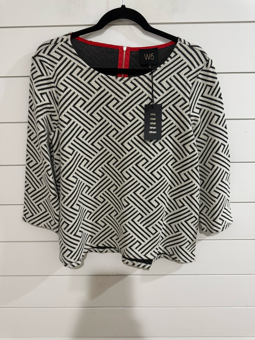 W5 Black & White Geometric Scoop Neck Top with Red Trim